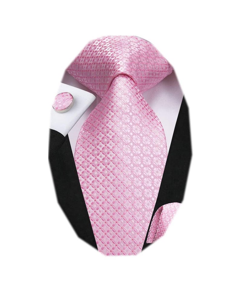 Dubulle Mens Light Pink Floral Silk Tie for Men Striped Necktie and Pocket Square Cufflinks Set Wedding Business - Image 1